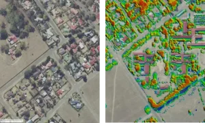 Figure 2. The orthoimagery (left) is overlaid with an NDVI (right) to indicate vegetation. (Source: RiskScape)